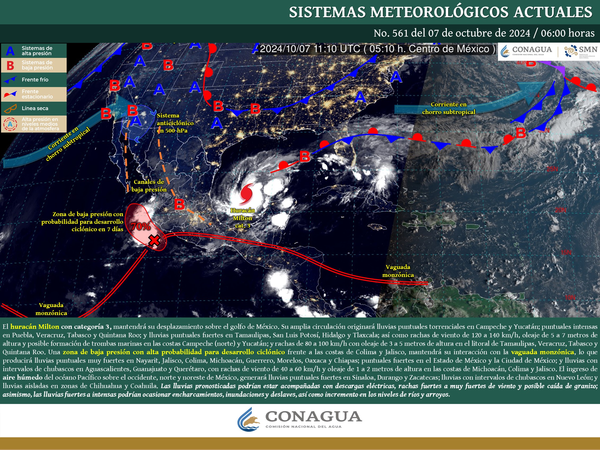 Lluvias puntuales fuertes para hoy en Edoméx, derivadas del Huracán Milton