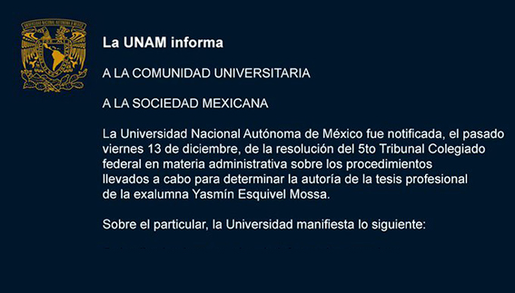 Acusa UNAM violación a su autonomía, en el caso de tesis de Yazmín Esquivel