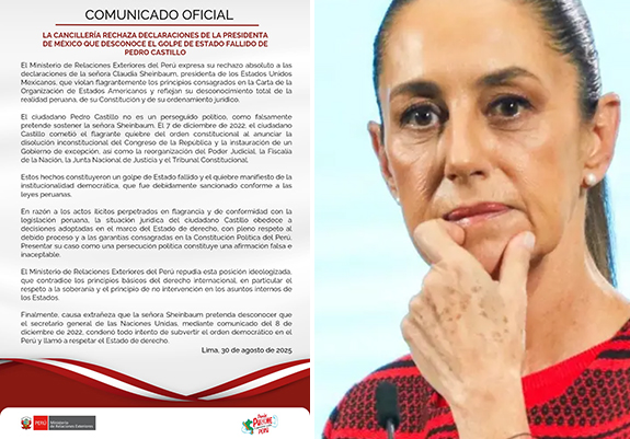 Carta diplomática a Sheinbaum, por intromisión en la soberanía del Perú