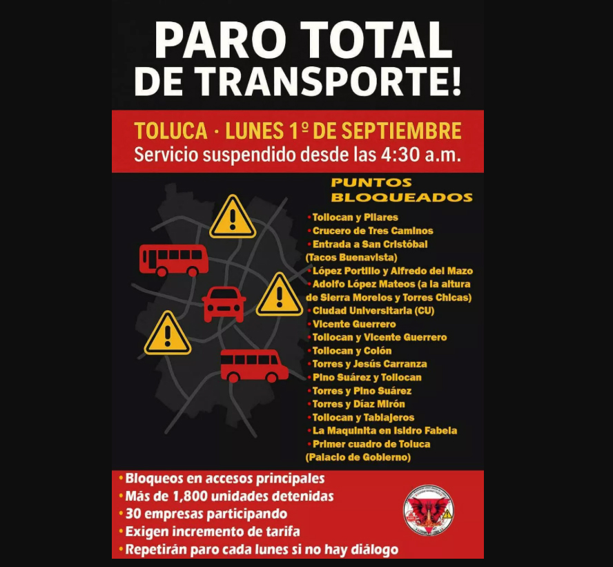 ¡Alerta! Paro y bloqueo de transporte en el Valle de Toluca este lunes
