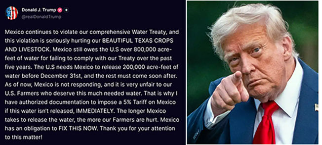 Trump exige a México resolver tratado de Aguas; amenaza con arancel del 5%