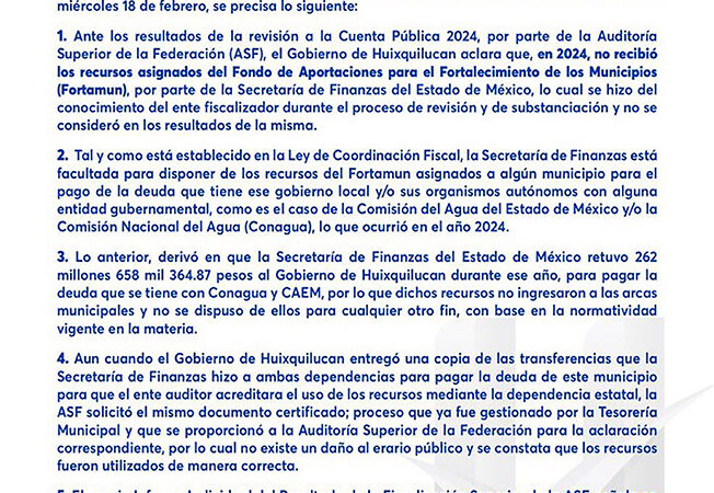 Recursos del Fortamun de 2024 para Huixquilucan, cubrieron deuda ante CAEM y Conagua