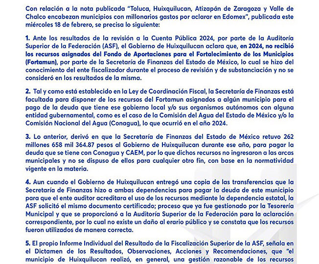 Recursos del Fortamun de 2024 para Huixquilucan, cubrieron deuda ante CAEM y Conagua