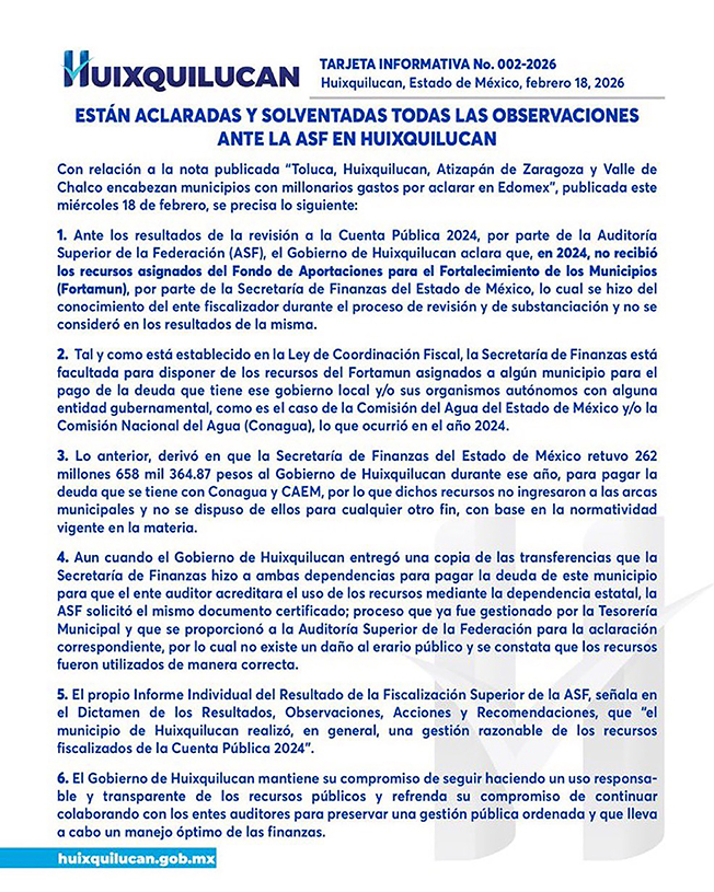 Recursos del Fortamun de 2024 para Huixquilucan, cubrieron deuda ante CAEM y Conagua