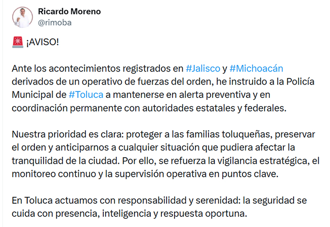 Ordena alcalde reforzar seguridad en Toluca, tras violentos hechos en capitales vecinas