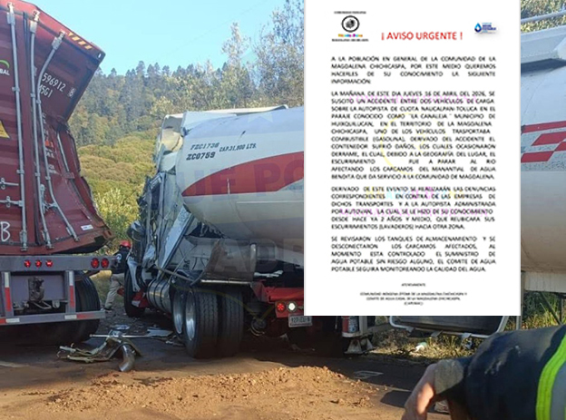 Tras accidente en la Toluca-Naucalpan; derrame de combustible afecta cárcamos en La Chichicaspa-Huixquilucan